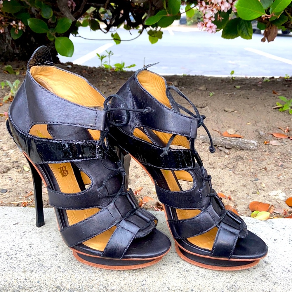 L.A.M.B. GWEN STEFANI JACO BLACK LEATHER STRAPPY PLATFORM HEELS 8.5 BRAZIL